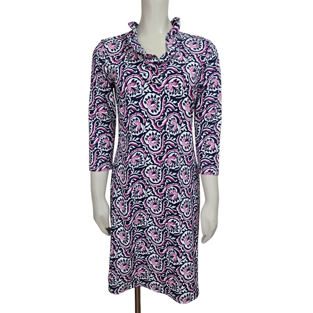 J.McLaughlin Agnetta Dress Size Small Ruffle Collar 3/4 Sleeve Navy Pink Preppy